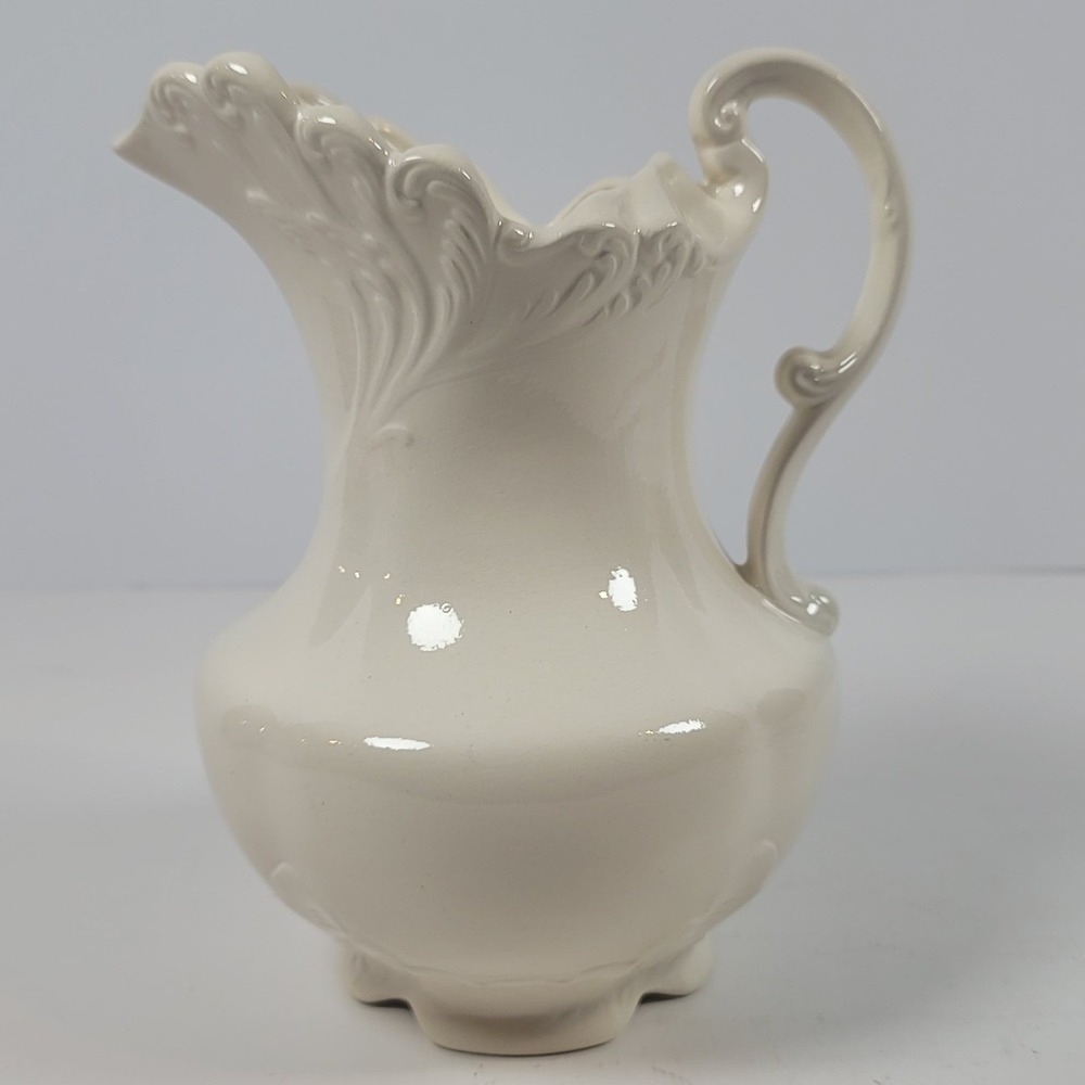 Vintage Julia G Cream Ceramic Pitcher Embossed Leaf Scalloped Scrolled Handle